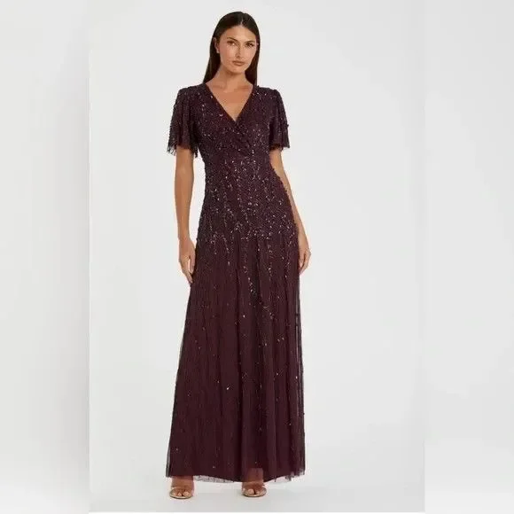 Mac Duggal Blush Flutter Sleeve Embellished‎ Sequin Gown 35109 $698 AUBERGINE